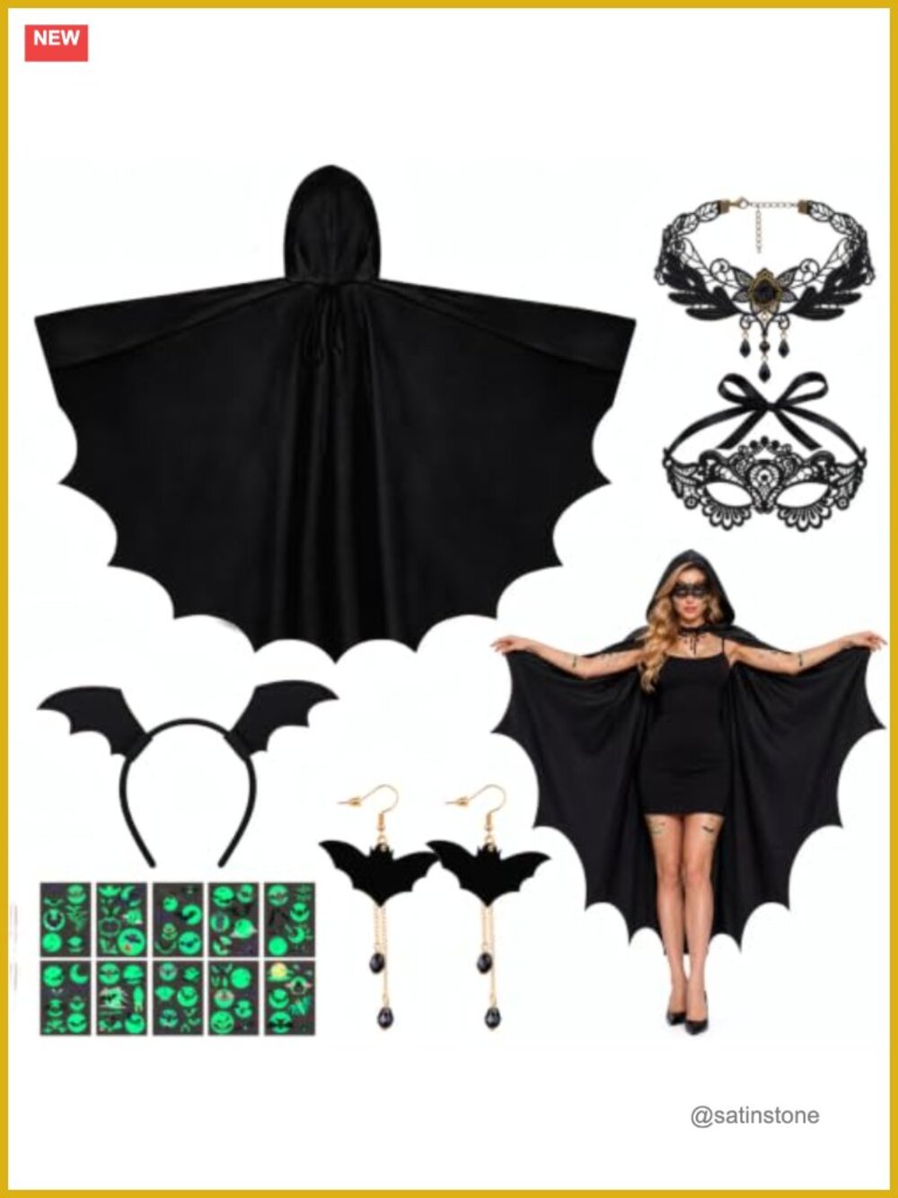 Hysagtek Women's Bat Costume Set Hooded Cape Wings Mask Headband 9-Piece